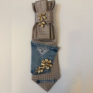 Beige Patterned Tie with Denim and Gold Accents